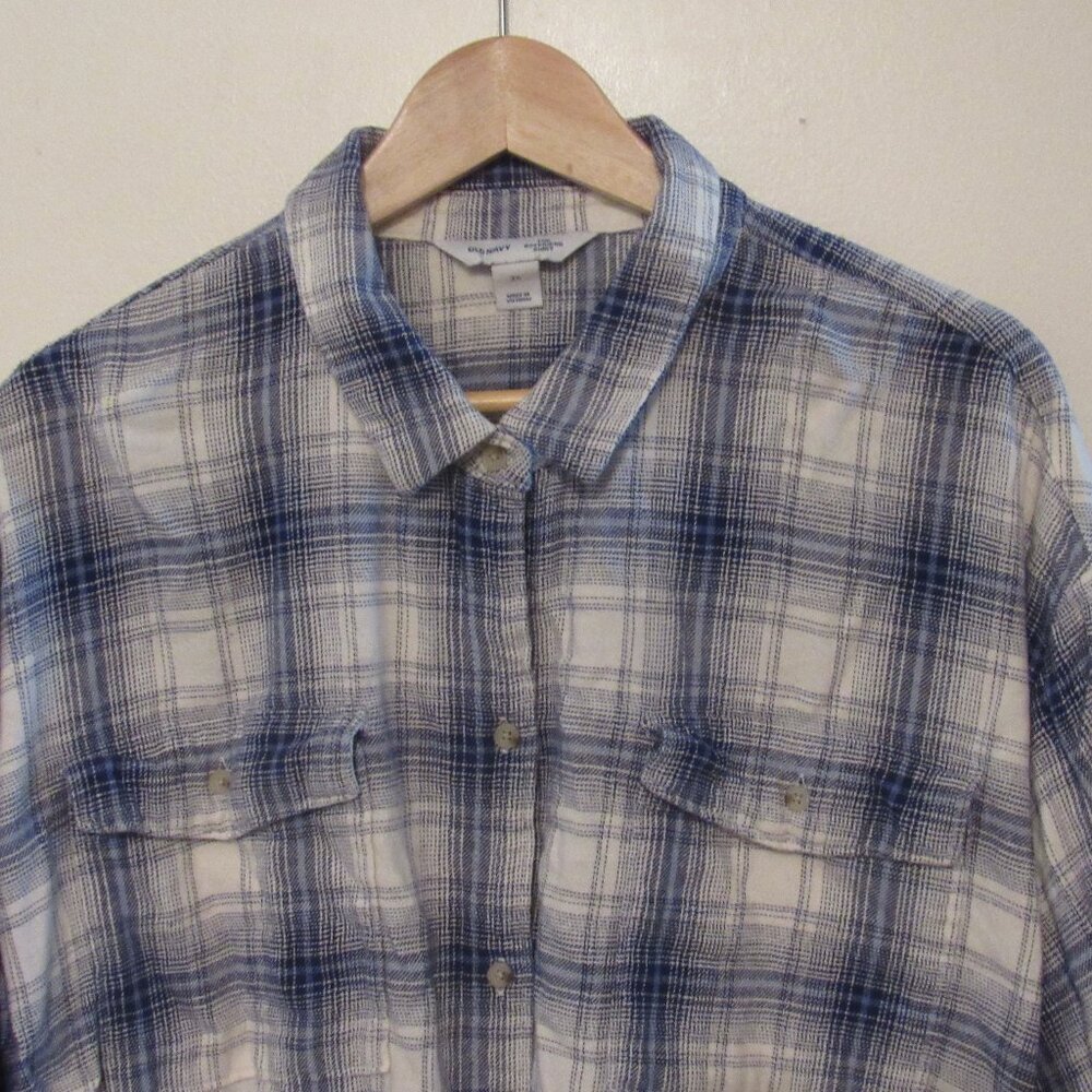 Old Navy Womens The Boyfriend Shirt 3X Blue Plaid 100% Cotton Button Up Flannel